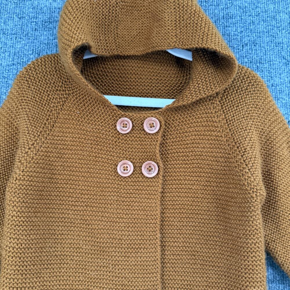 Hand Knit Hooded Cardigan Sweater Size 3/4 Brown Bear Ears Neutral Minimalist - Picture 3 of 8